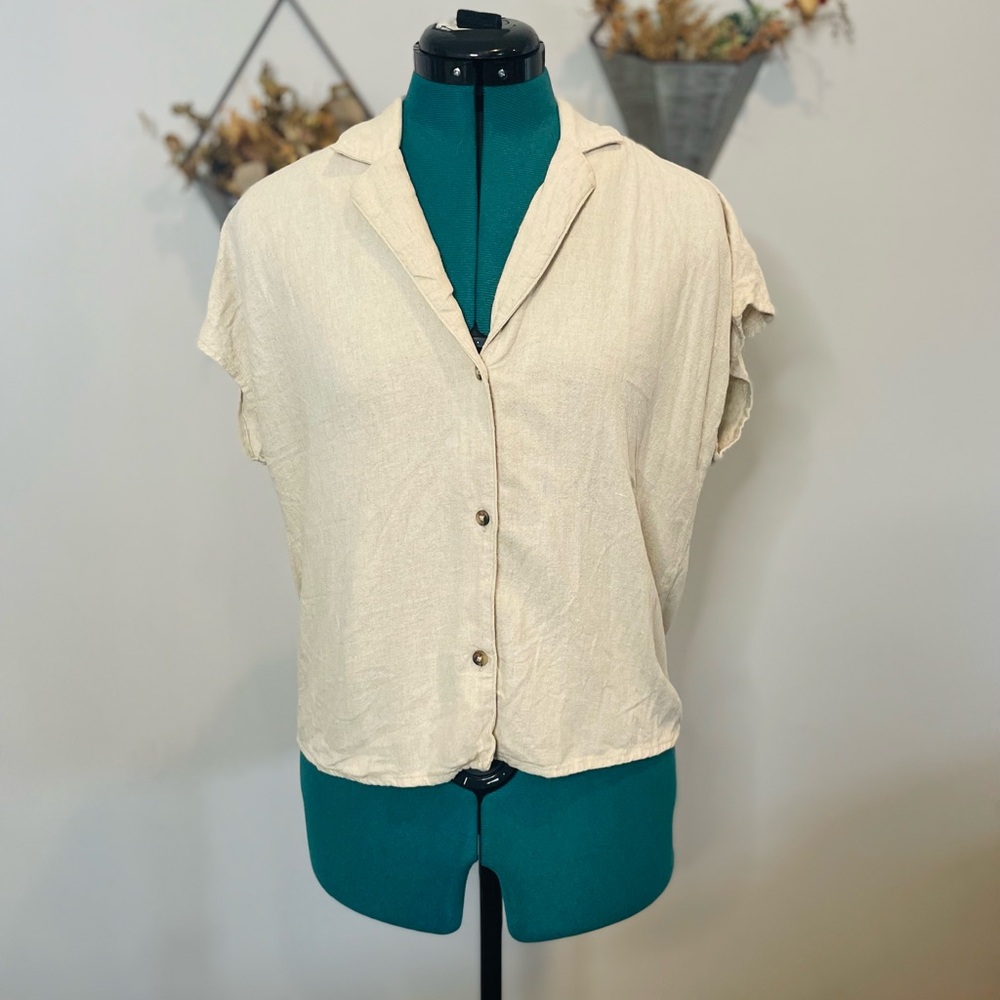 JDY Cream Boxy Button Down Linen Shirt with Notched Collar
